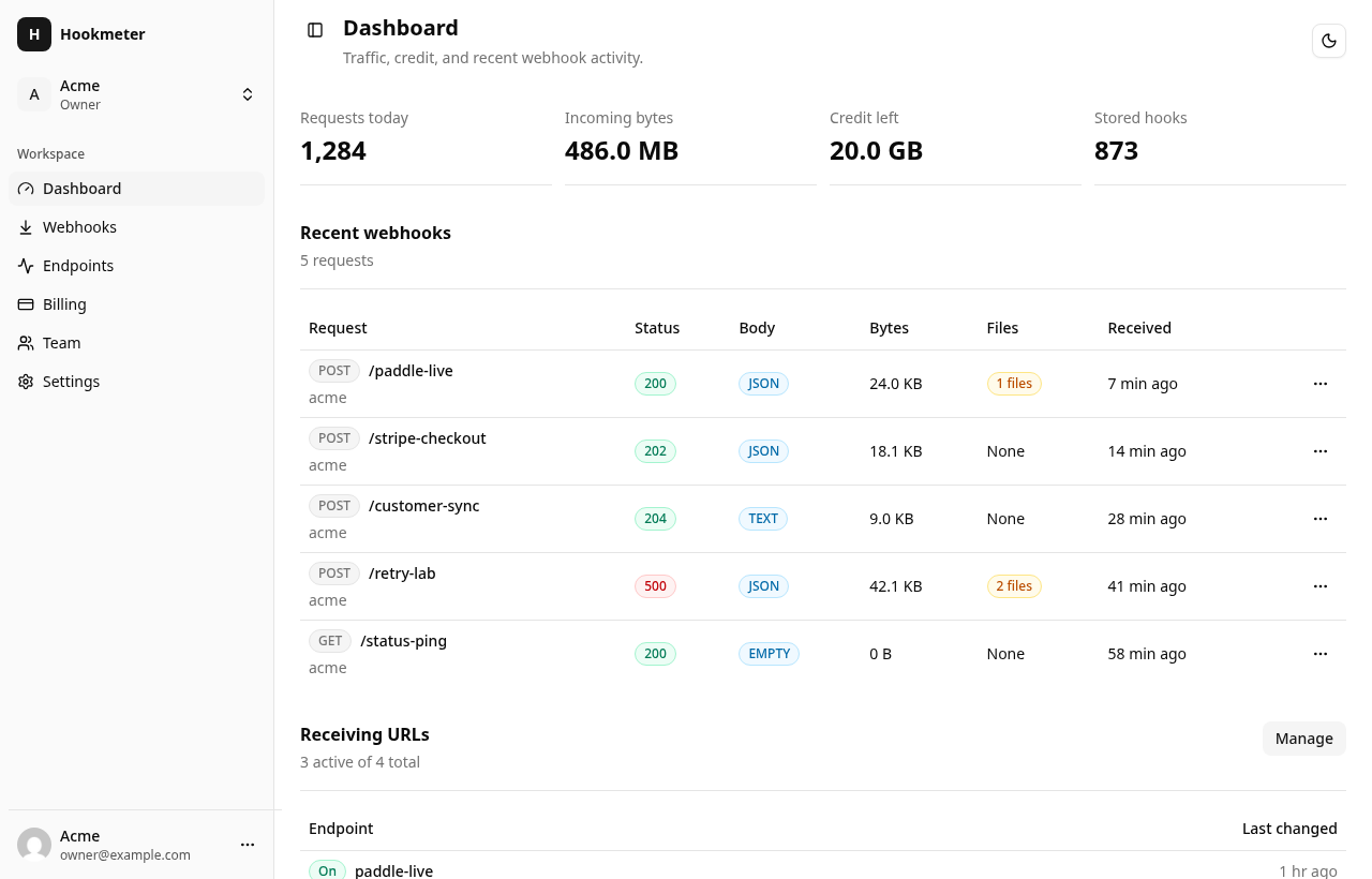 SignalBin dashboard showing traffic stats, recent webhooks, and receiving URLs.